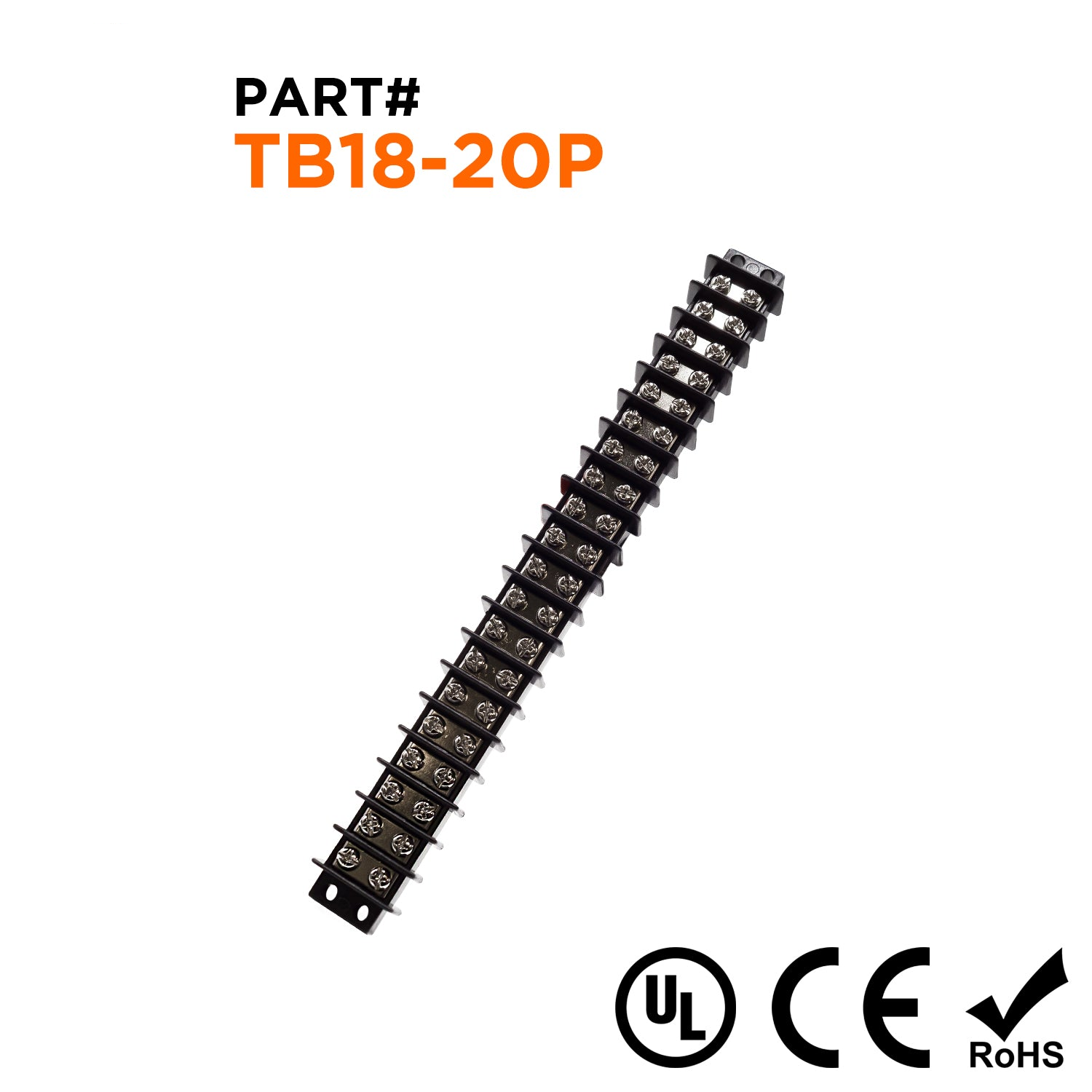 TB18-20P - Barrier Strip Terminal Block, Terminal Strip, 20 Pole, Double Row, 20A, 300V, UL Approved, 1 Piece