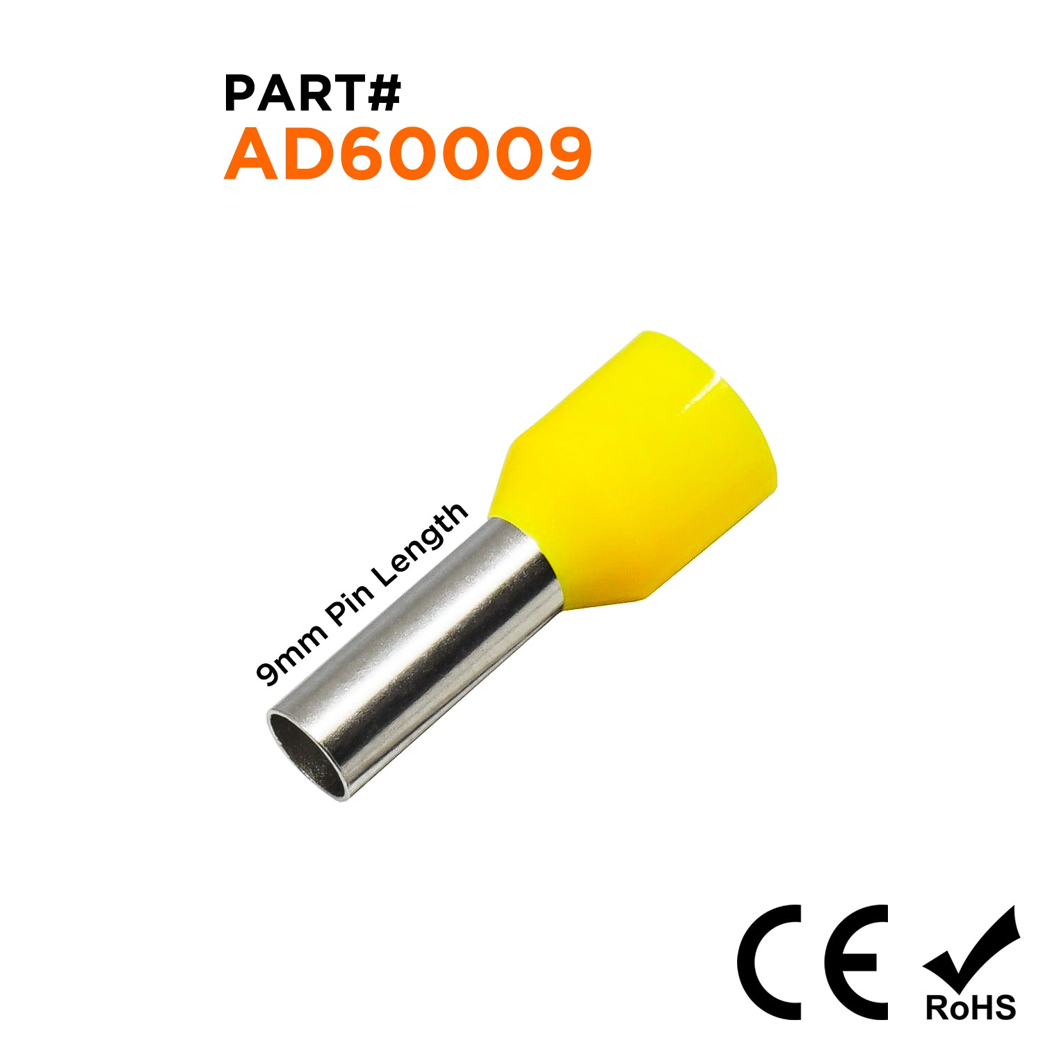 AD60009 - 10 AWG Insulated Wire Ferrules, 9mm Pin, Yellow, 100 pieces