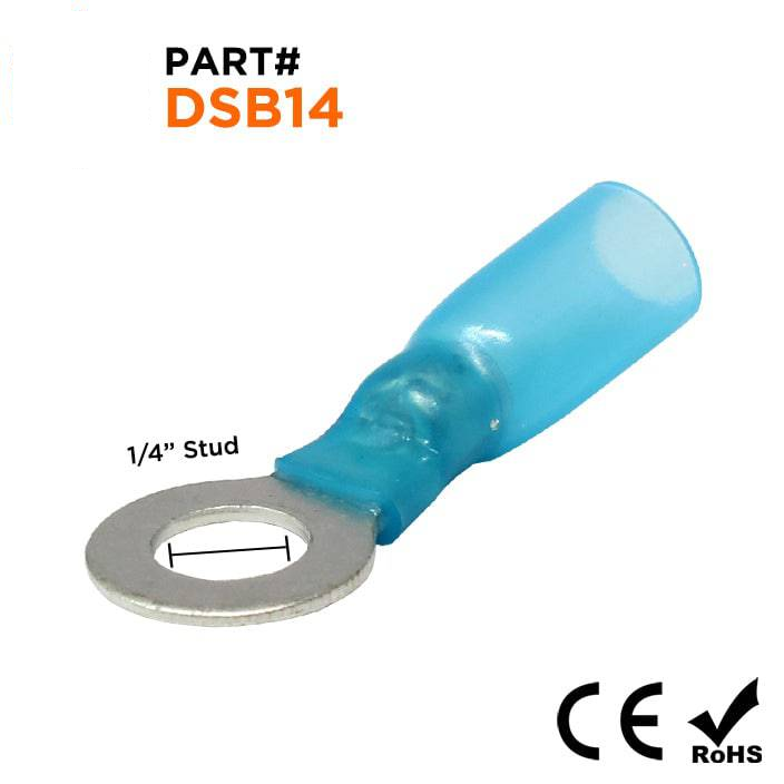 DSB14 - 16 to 14 AWG Heat Shrink Ring Terminals, 1/4" Stud, Polyolefin, 25 Pieces