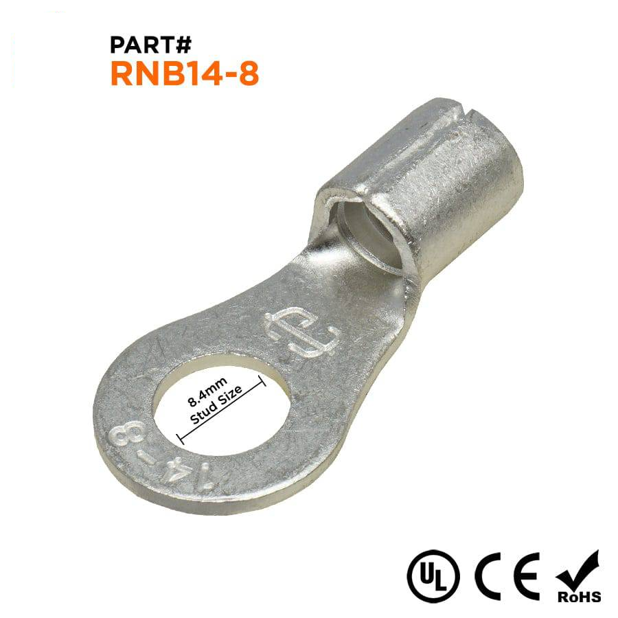 RNB14-8 - 6 AWG Non Insulated Ring Terminals, 5/16" Stud, UL Recognized, 25 Pieces
