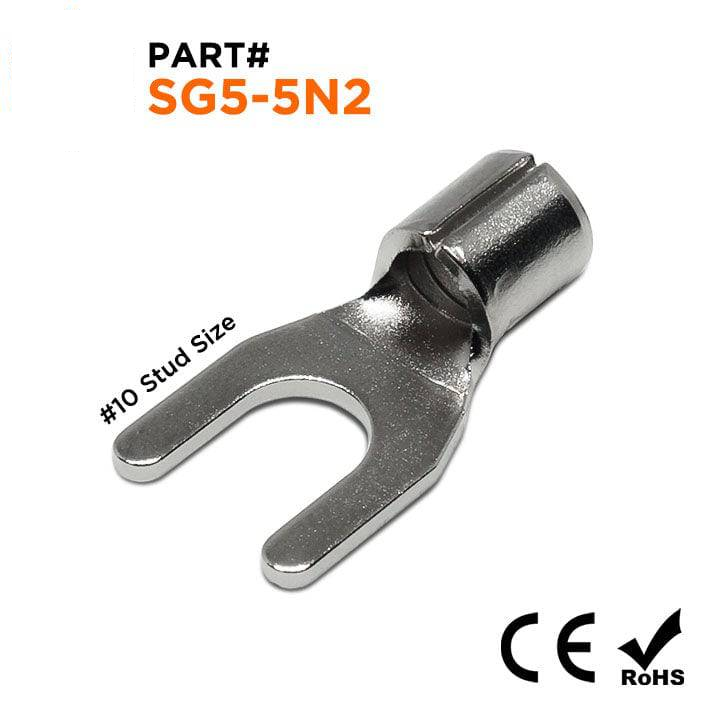 SG5-5N2 - 12 to 10 AWG High Temperature Spade Terminals, 10# Stud, Steel, 900°F, 100 Pieces