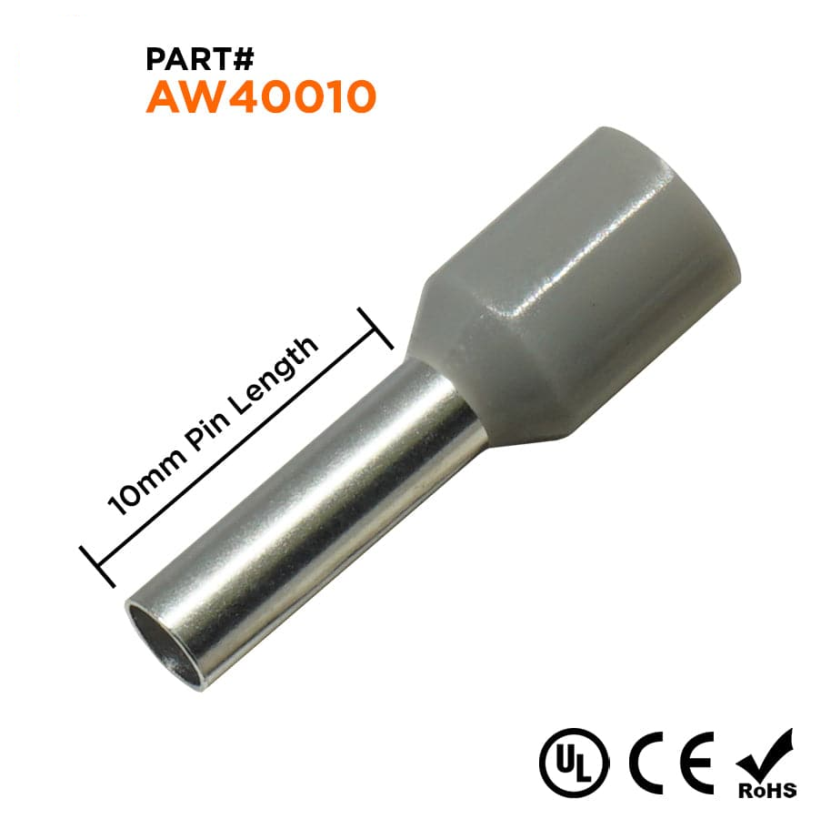 AW40010 - 12 AWG Insulated Wire Ferrules, 10mm Pin, Gray, UL Recognized, 500 Pieces