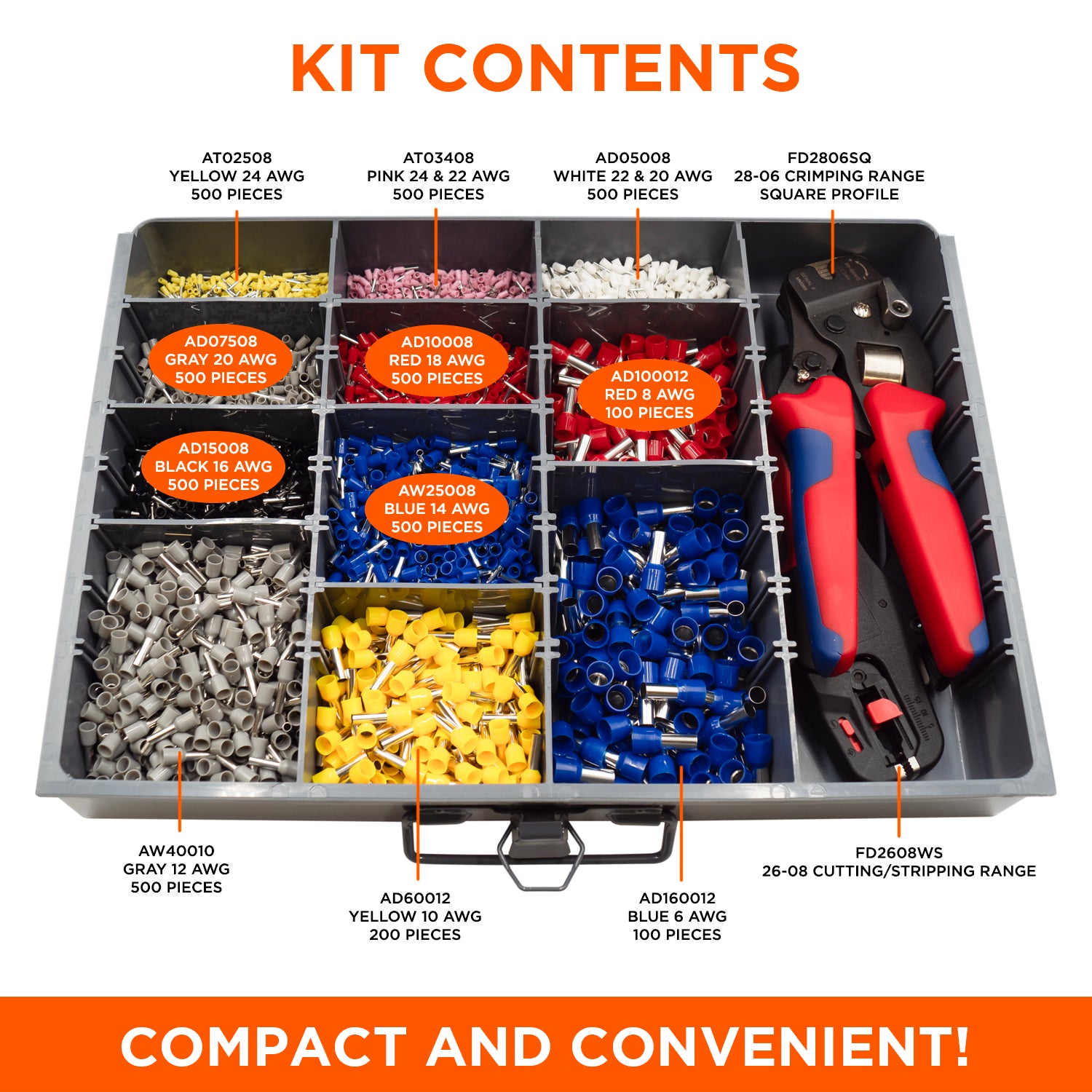 SK2406HD-D - 24 to 6 AWG Insulated Ferrules Assortment Kit, 4500 Pieces, Heavy Duty, Series D, 1 Kit