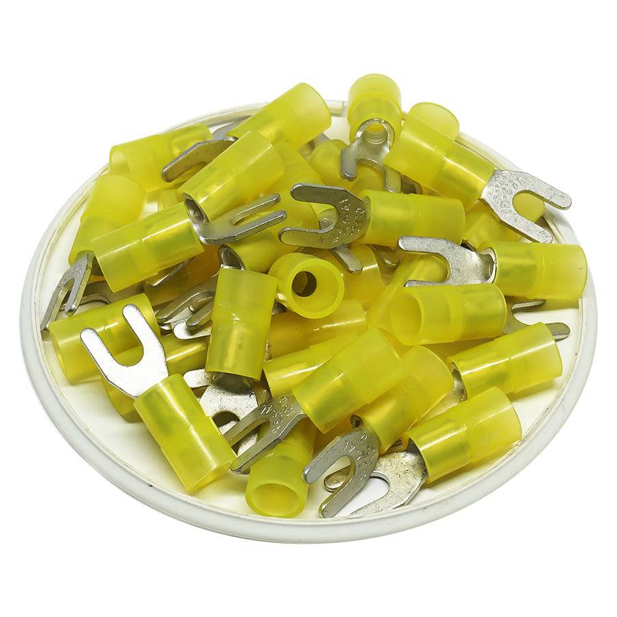 SNYBL5-4 - 12 a 10 AWG Con aislamiento de nailon Terminales de horquilla, #8 Orificio, 50 piezas