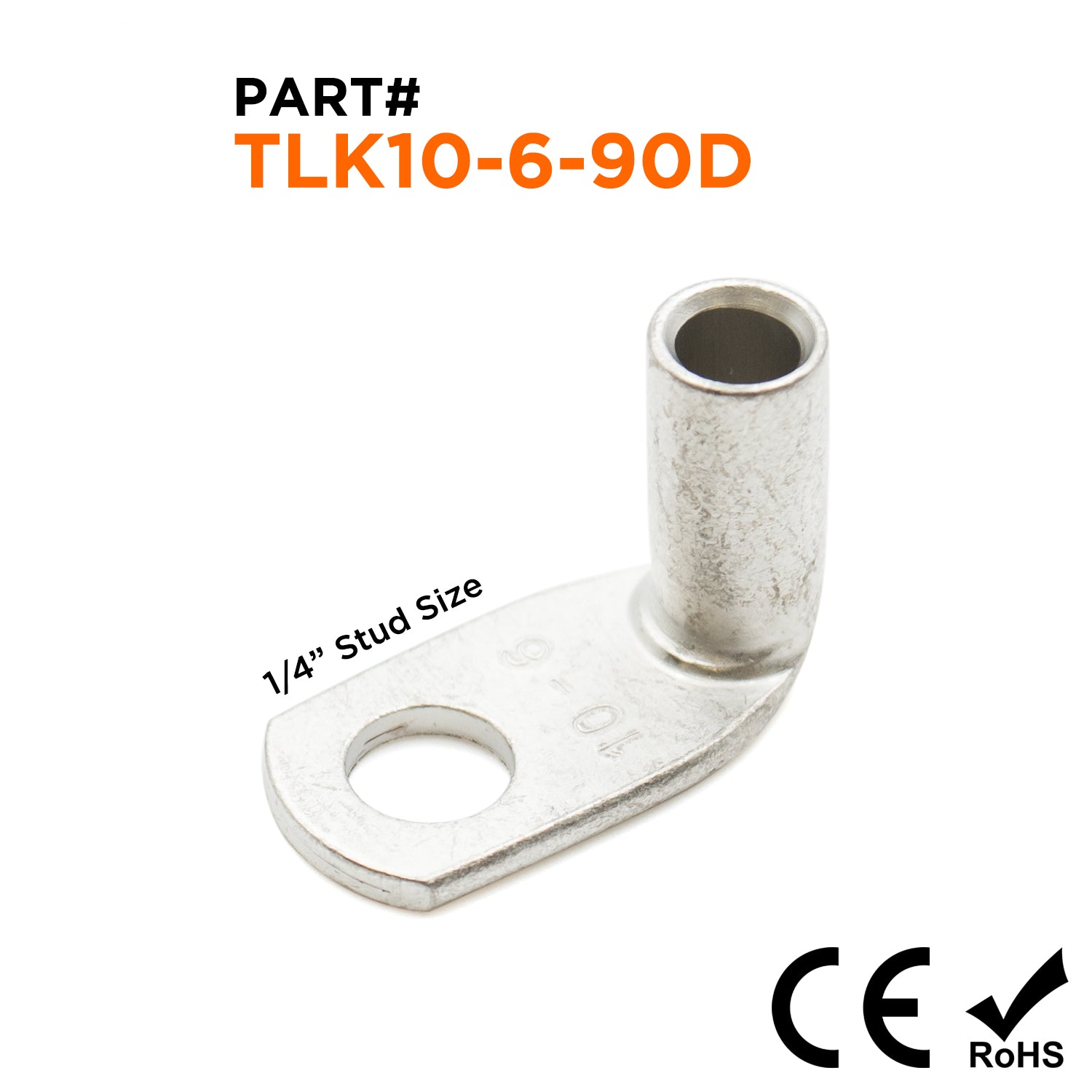 TLK10-6-90D - 8 AWG Copper Tube Lugs, 90 Degree, 1/4" Stud, Tin Plated - 1/4" Stud, 25 Pieces