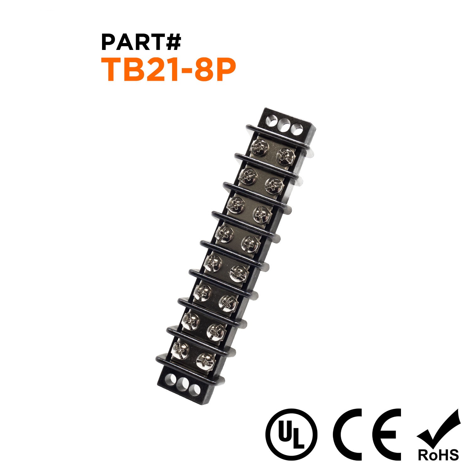 TB21-8P - Barrier Strip Terminal Block, Terminal Strip, 8 Pole, Double Row, 30A, 300V, UL Approved, 1 Piece