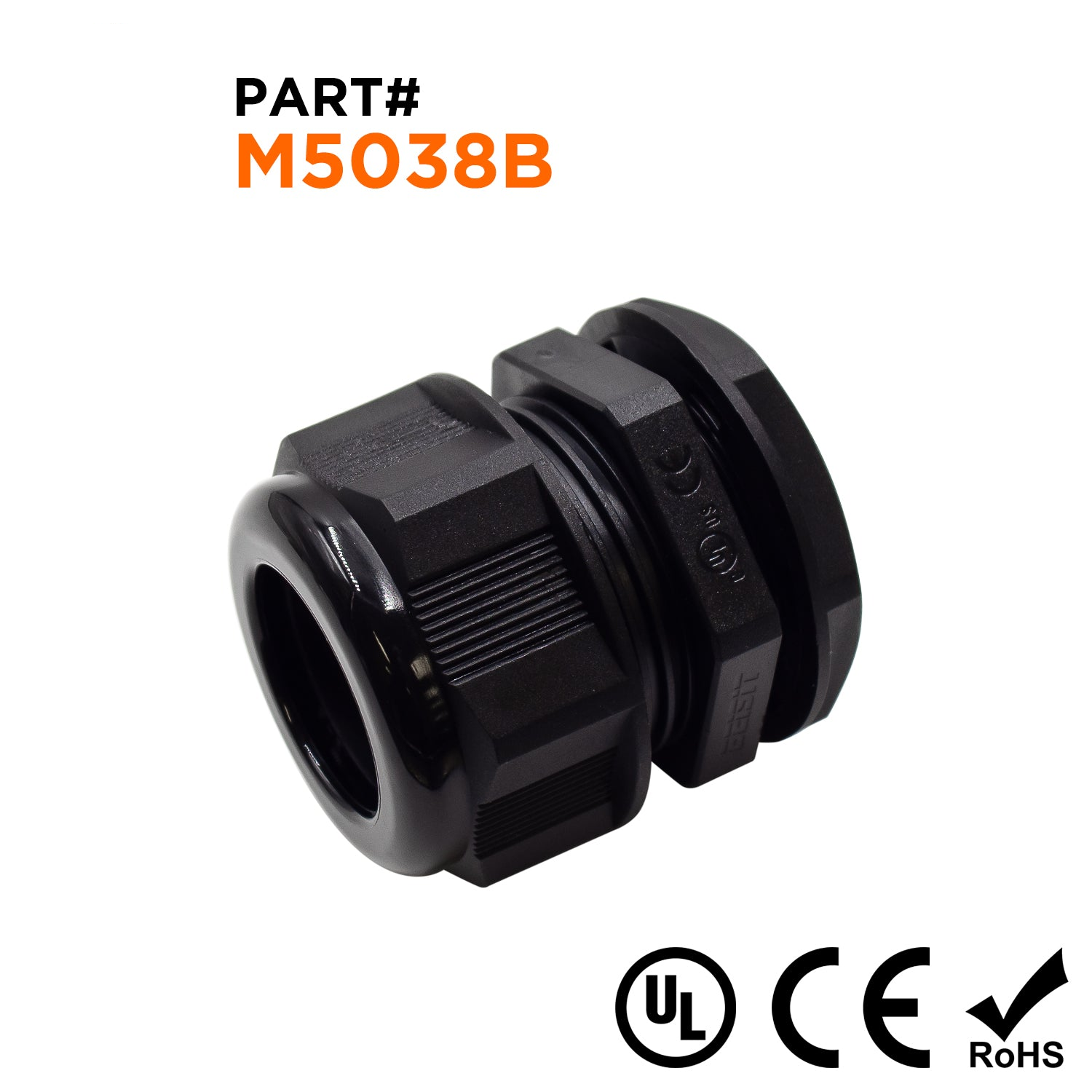 M5038B - M50 x 1.5mm Metric Thread Nylon Cable Gland, Black, Range: 1-1/4" to 1-1/2", UL Listed, IP68, IP69K - 1 Piece