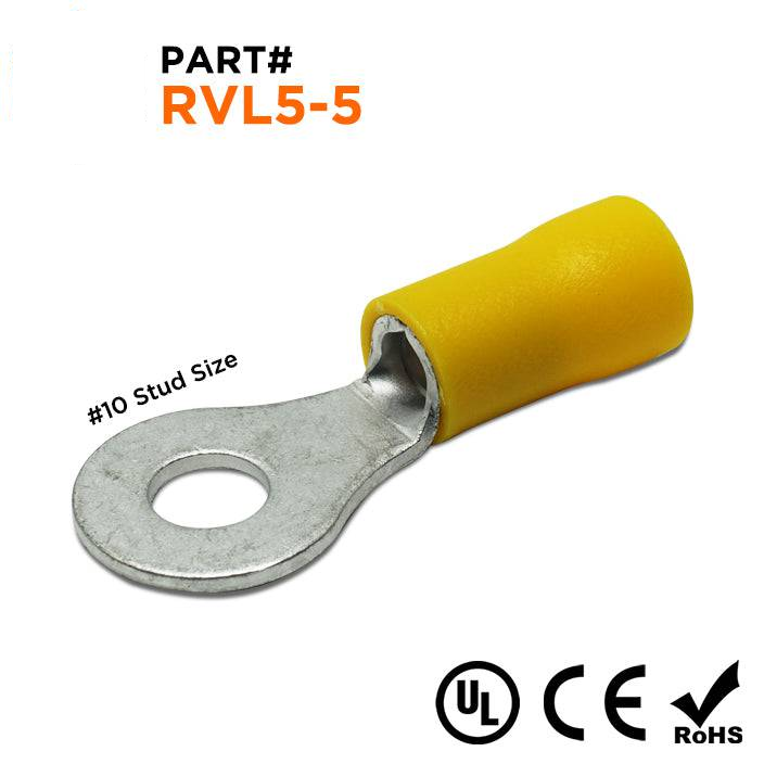 RVL5-5 - 12 a 10 AWG PVC Con aislamiento de vinilo Terminales de anillo, #10 Orificio, Butted Seam, 50 piezas
