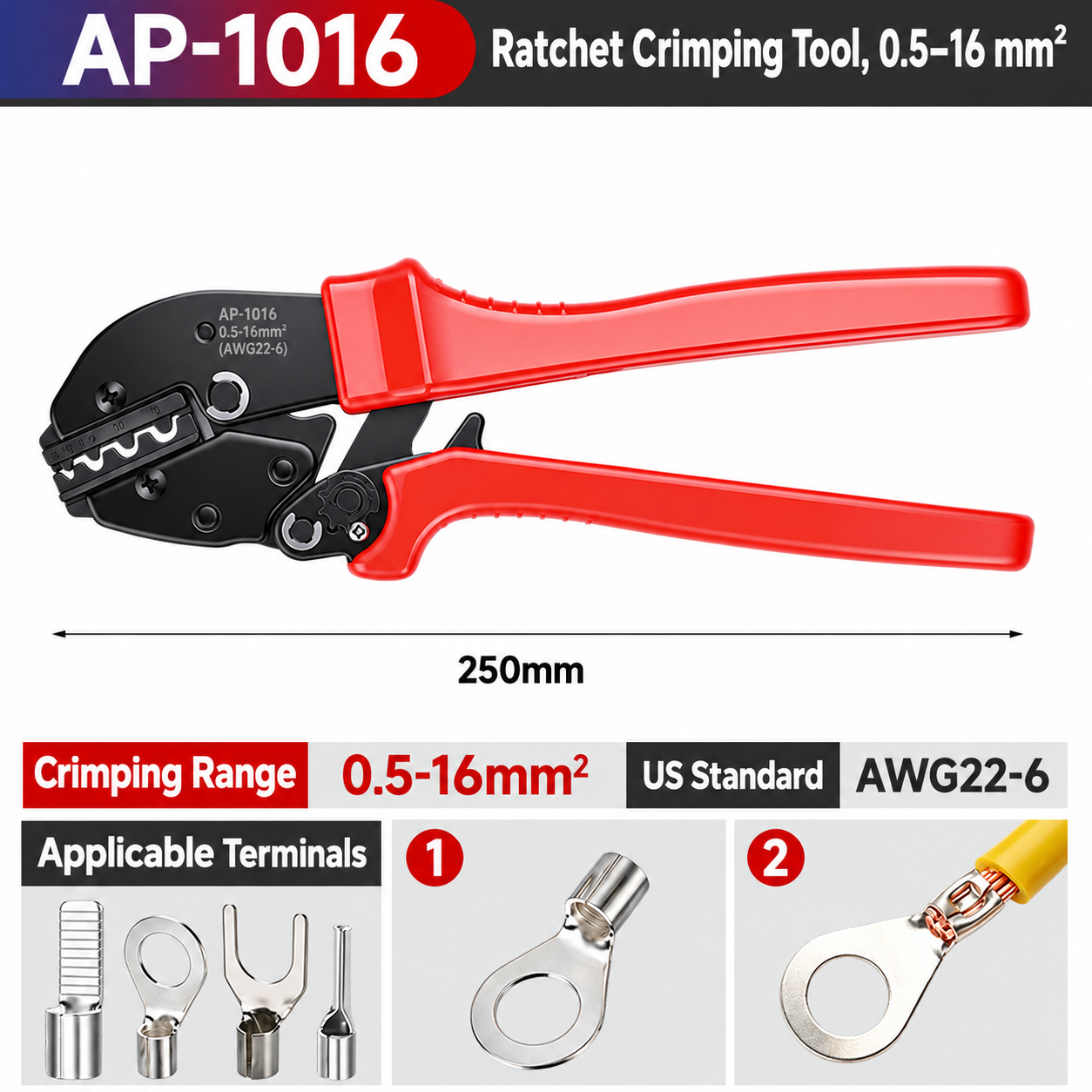 AP-1016, crimpadora manual de carraca, 0.5–16 mm²