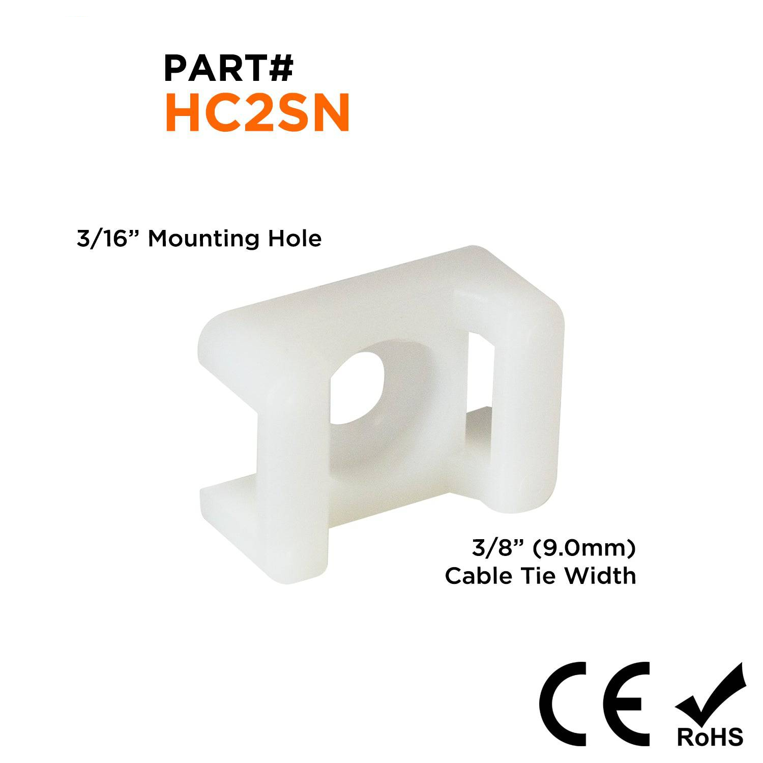 HC2SN - 15/16"L x 5/8"W Nylon Saddle Tie Mounts - Tie Width: 3/8", Screw Width: 3/16", Natural, 100 Pieces