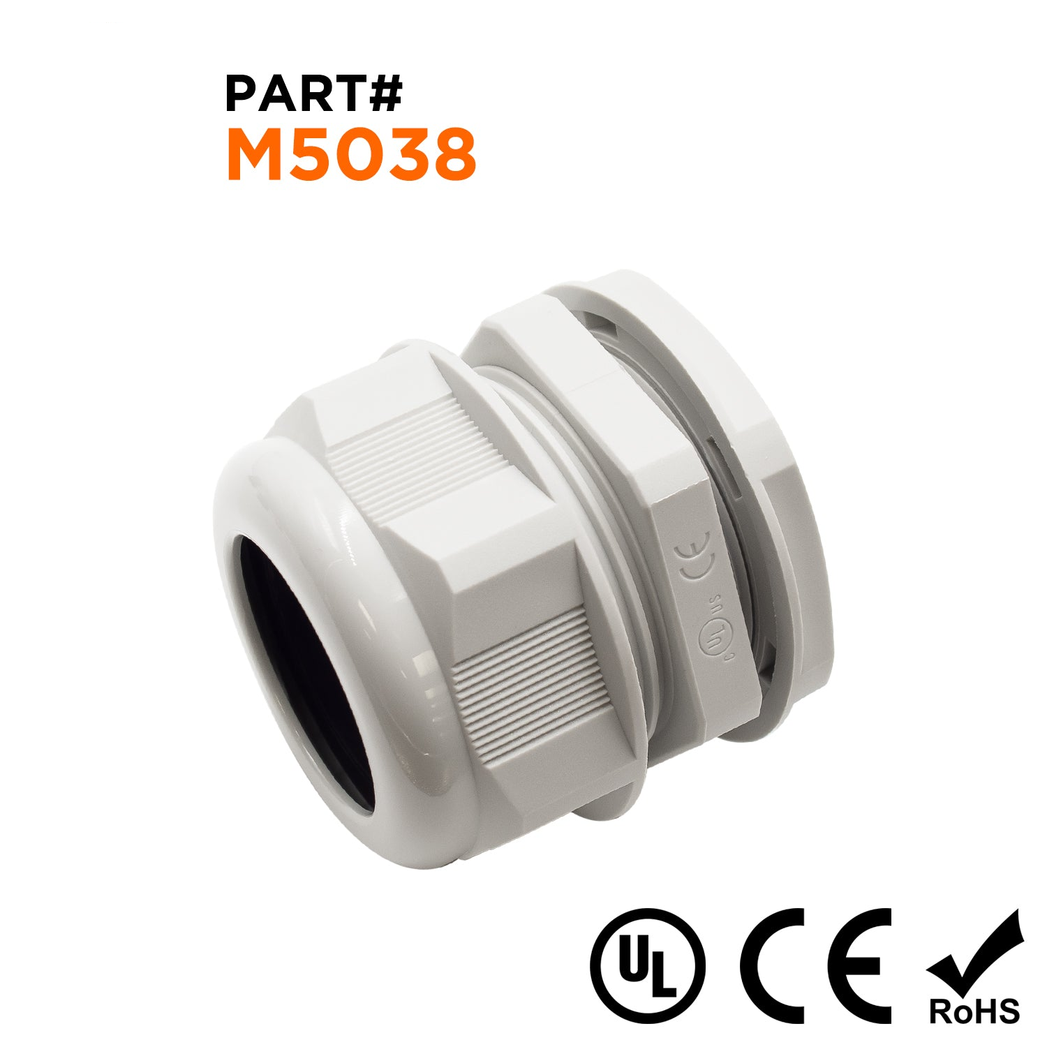 M5038GY - M50 x 1.5mm Metric Thread Nylon Cable Gland, Gray, Range: 1-1/4" to 1-1/2", UL Listed, IP68, IP69K - 1 Piece