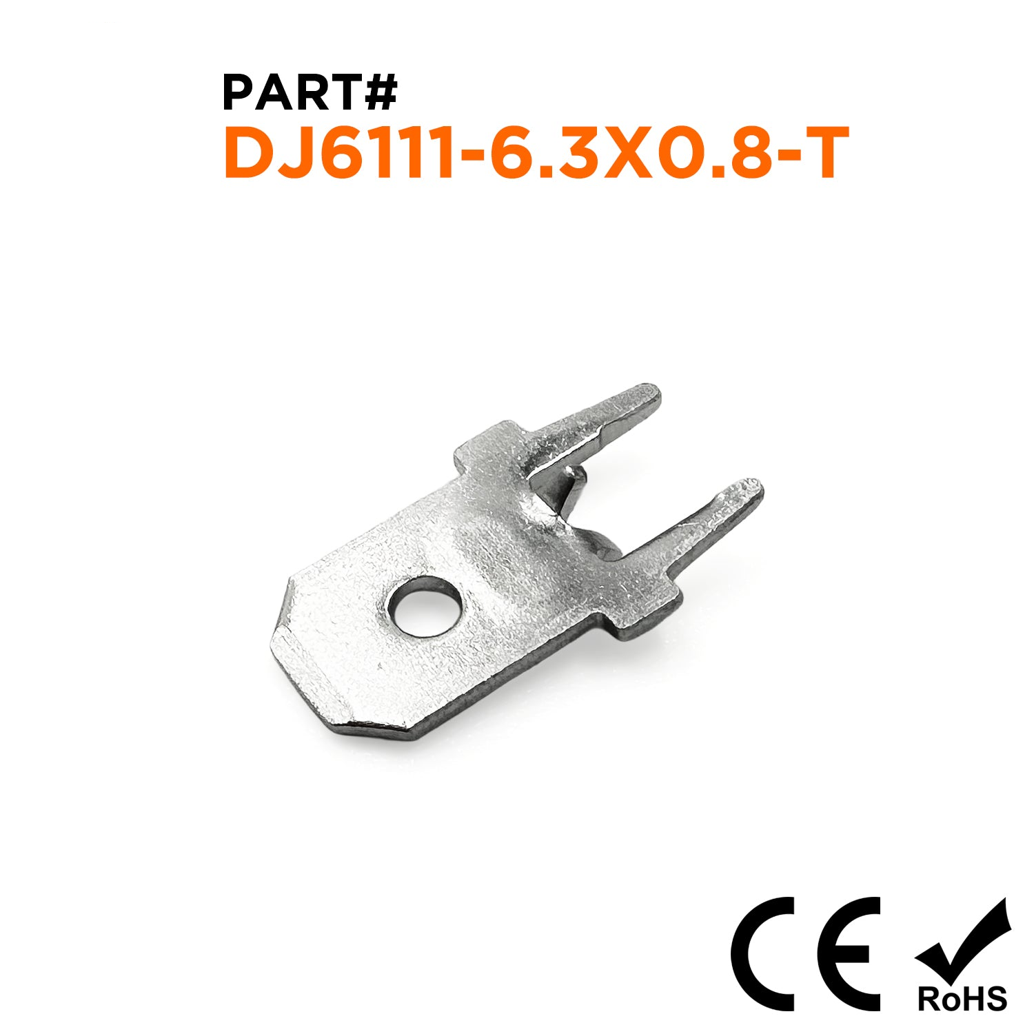 DJ6111-6.3x0.8-T 6.3mm Tab, Quick Connect Male Solder Connectors, Tin Plated Brass, 100 pieces