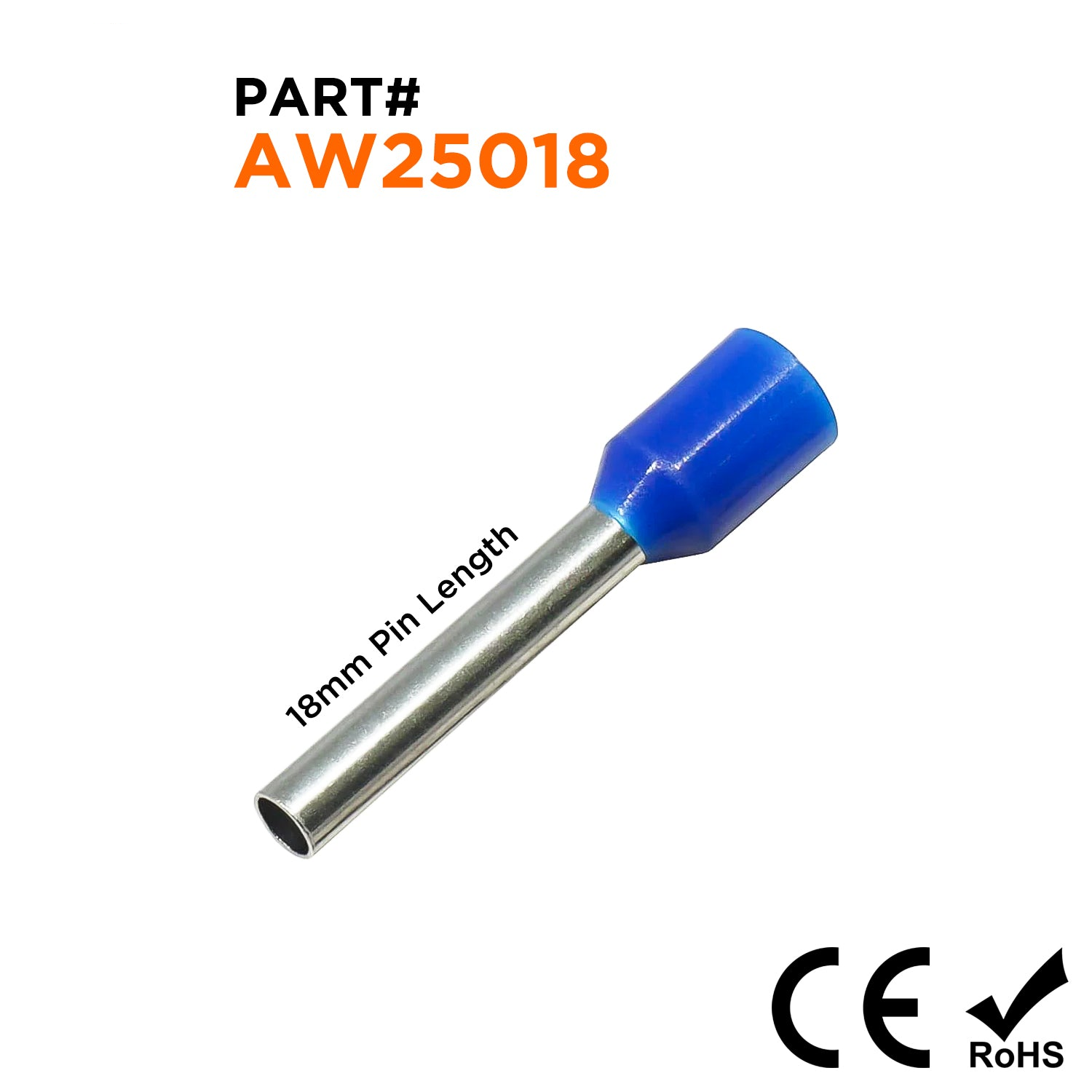 AW25018 - 14 AWG Insulated Wire Ferrules, 18mm Pin, Blue, 500 Pieces