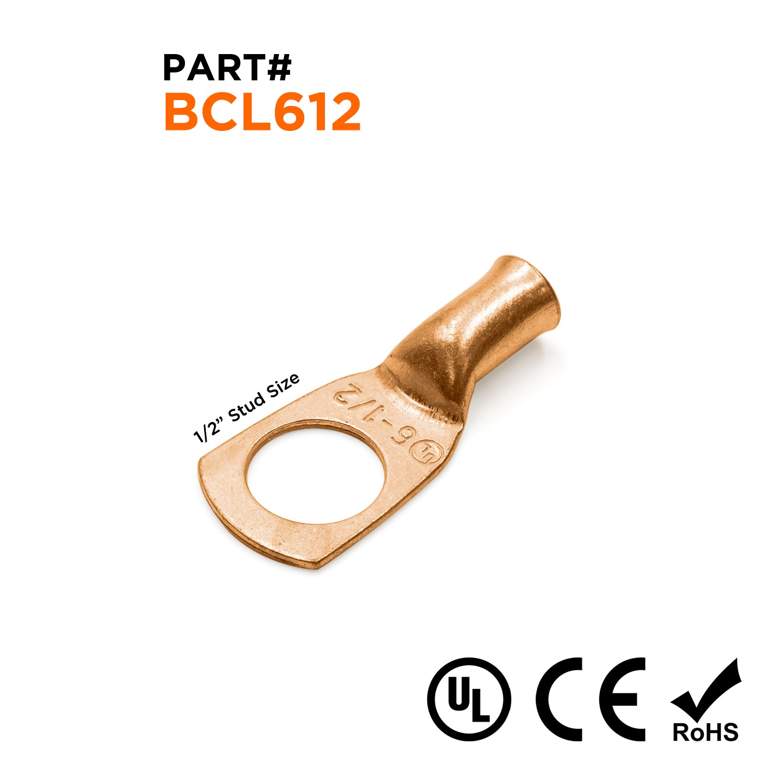 BCL612 - 6 AWG Copper Battery Cable Lugs, Terminal Lugs, 1/2" Stud Size, 1 Piece