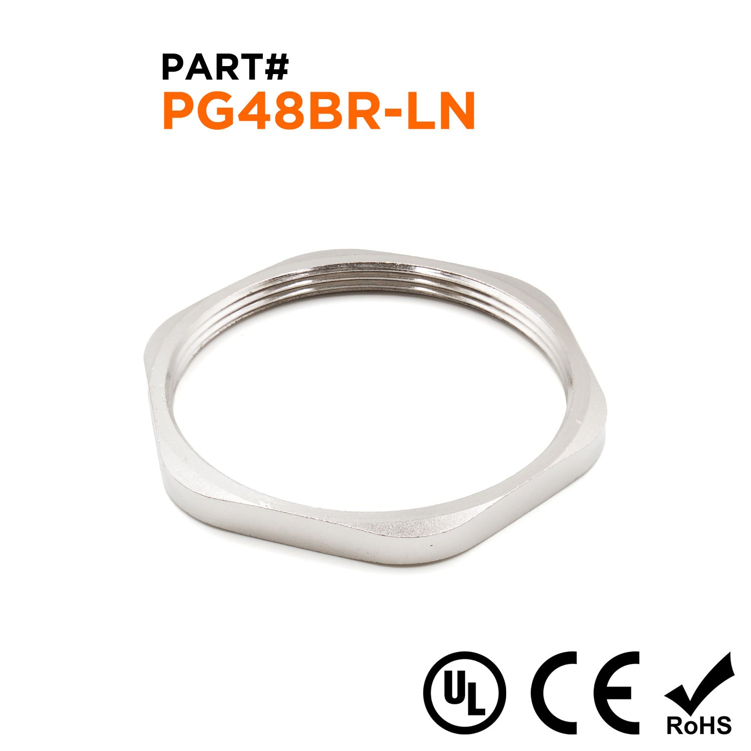 PG48 Thread Nickel Plated Brass Lock Nut for PG Cable Glands, UL Approved, 1 Piece - PG48BR-LN