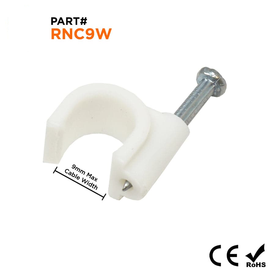 Nail In Cable Grapas, Ethernet Cable Nails Tacks, Round, 9mm, 0.35", Blanco, 100 piezas - RNC9W