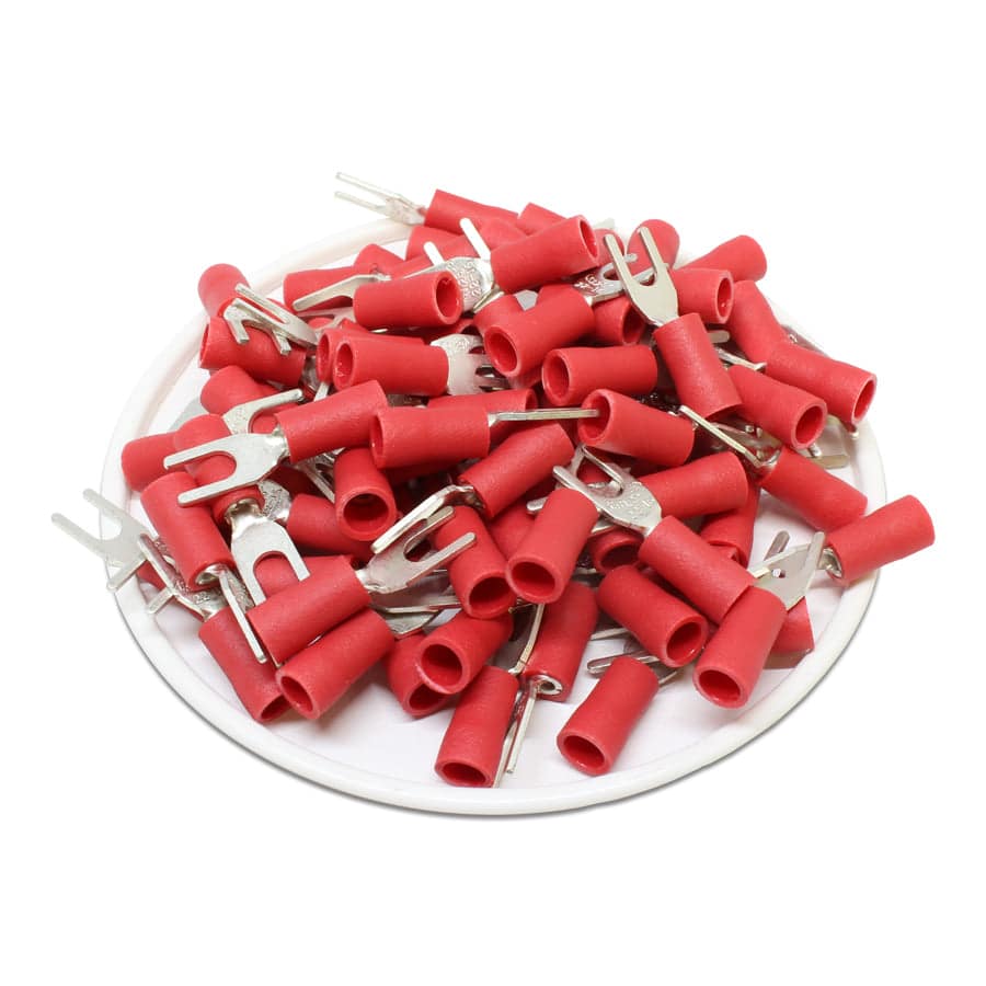 22 a 16 AWG Vinyl PVC Insulated Terminales de horquilla, #4 Orificio, Butted Seam, Rojo, 100 piezas - SV1-32