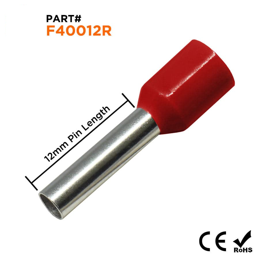 F40012R - 12 AWG Insulated Punteras, 12mm Pin, Rojo, 500 piezas