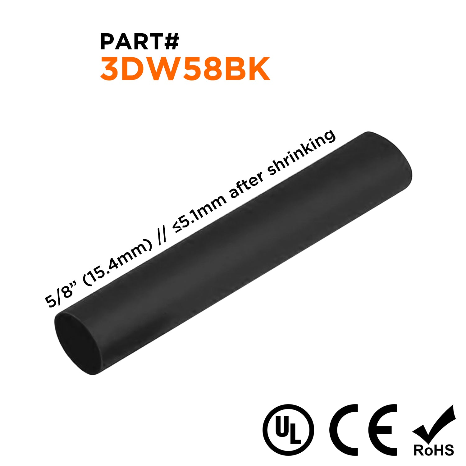 3DW58BK - 5/8" Double Wall Heat Shrink Tubing, 3:1 Shrink Ratio, Black, 4ft Strip