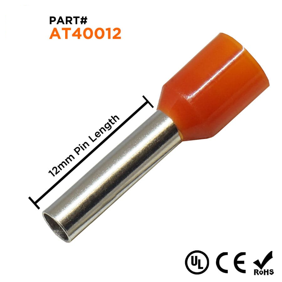 AT40012 - 12 AWG Insulated Wire Ferrules, 12mm Pin, Orange, UL Recognized, 500 Pieces