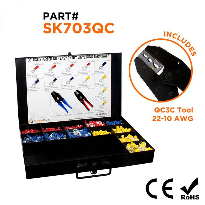 SK703QC - 22 a 10 AWG Vinyl Ring Terminal Kit + QC3C Herramienta, 950 piezas, 1 Kit