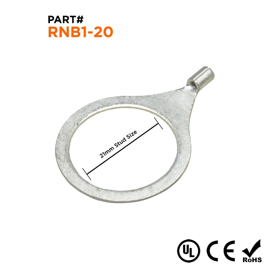 RNB1-20 - 22 to 16 AWG Non Insulated Ring Terminals, 3/4" Stud, UL Recognized, 50 Pieces