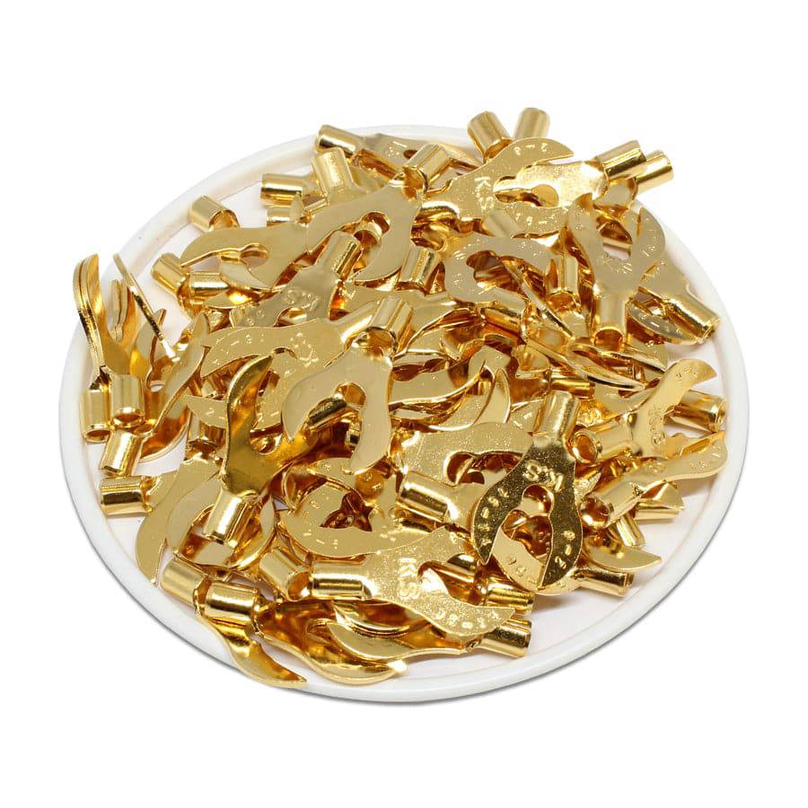 LAN2-6G - 16 a 14 AWG Gold Plated Terminales de horquilla, 1/4" Orificio, 100 piezas