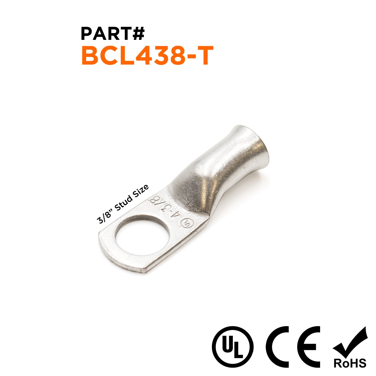BCL438-T - 4 AWG Battery Cable Lugs, Tin Plated Copper, Terminal Lugs, 3/8" Stud, 1 Piece