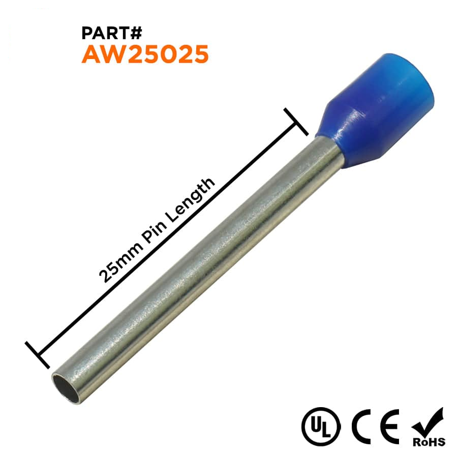 AW25025 - 14 AWG Insulated Wire Ferrules, 25mm Pin, Blue, UL Recognized, 500 Pieces