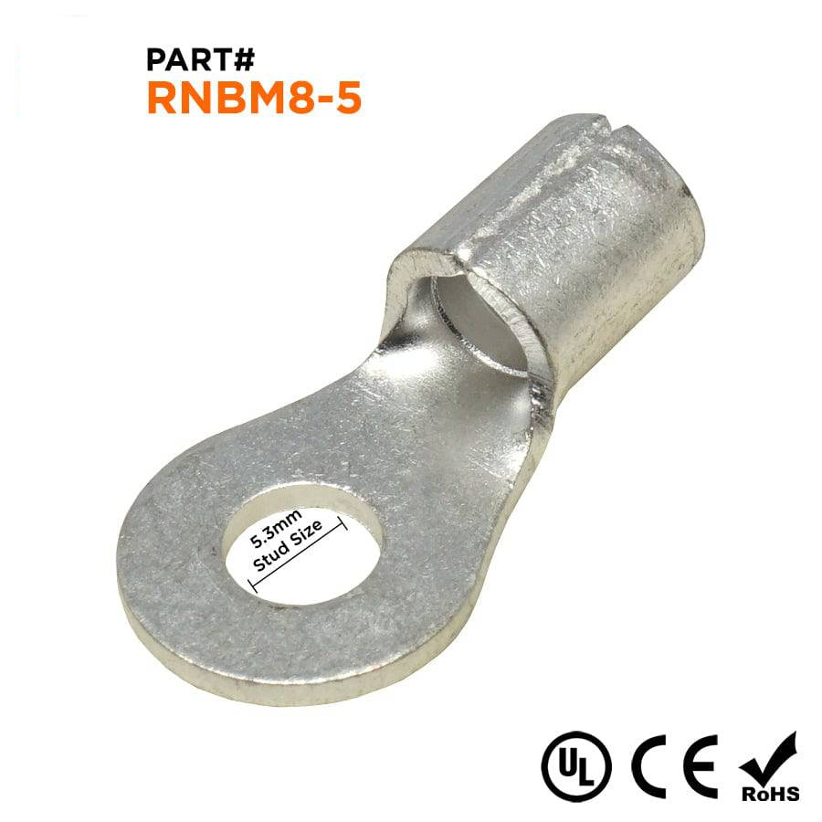 RNBM8-5 - 8 AWG Sin aislamiento Terminales de anillo, #10 Orificio, UL Approved, 25 piezas