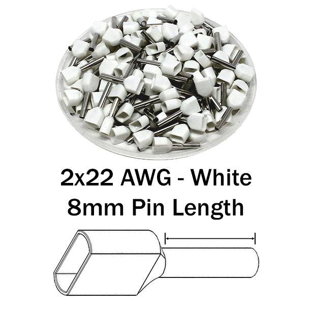 TD05008 - 22 AWG Twin Punteras, 8mm Pin, Blanco, 500 piezas