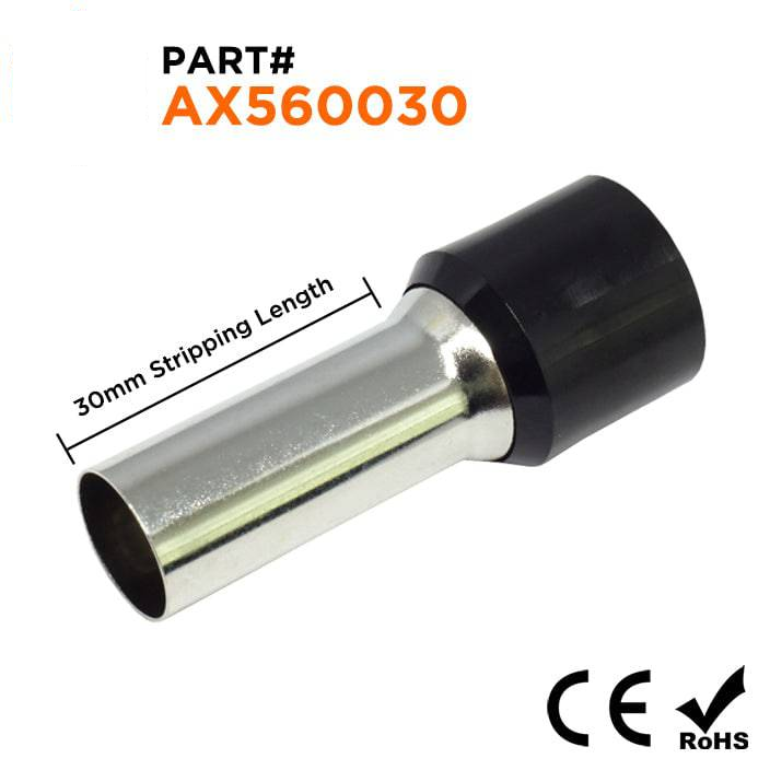 AX560030 - 0 & 1/0 AWG Single Insulated Wire Ferrules, 30mm Pin, Black, 25 Pieces
