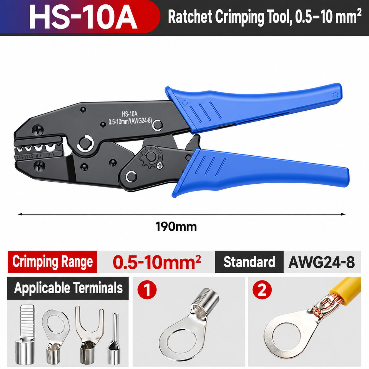 HS-10A, crimpadora manual de carraca, 0.5–10 mm²
