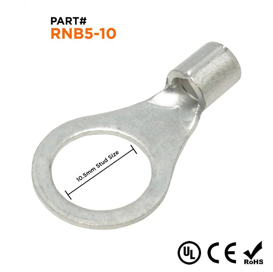 RNB5-10 - 12 to 10 AWG Non Insulated Ring Terminals, 3/8" Stud, UL Recognized, 100 Pieces