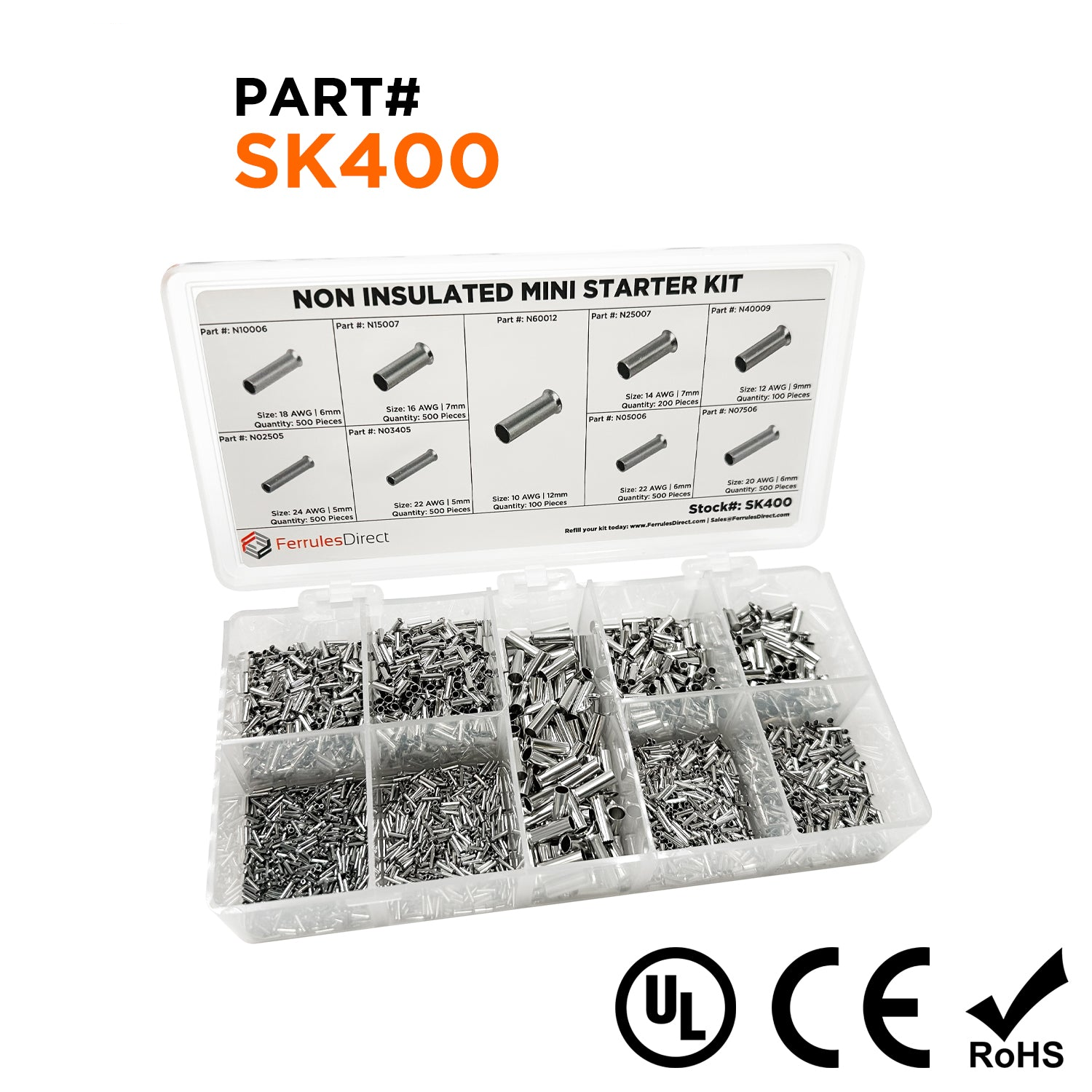 SK400 - 24 a 10 AWG Sin aislamiento Punteras Mini Kit, 3,500-piezas, 1 Kit