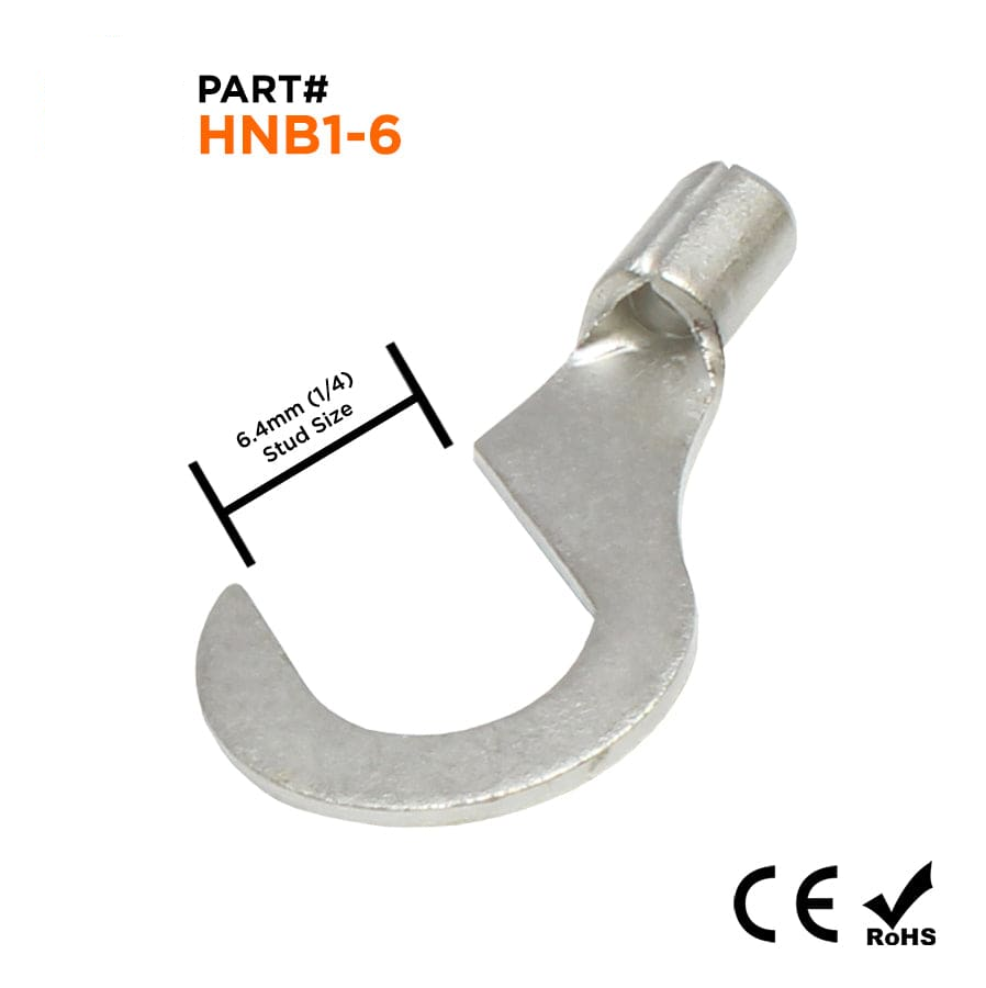 22-16 AWG Sin aislamiento Hook Terminales, 1/4 Orificio, Brazed Seam, UL, - HNB1-6