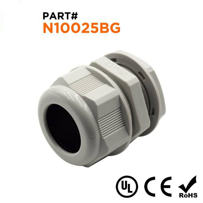 N10025BG - 1" NPT Thread Nylon Cable Gland, Beige, Range: 11/16" to 1", UL Listed, IP68, IP69K - 1 Piece