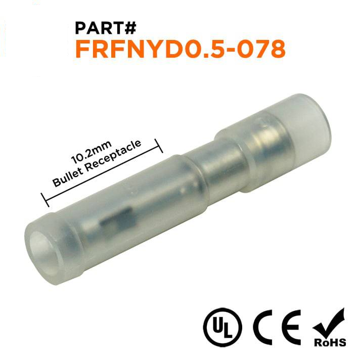 FRFNYD05-078 - 22 to 16 AWG Fully Insulated Bullet Connectors, Nylon, Female, Double Crimp, 100 Pieces
