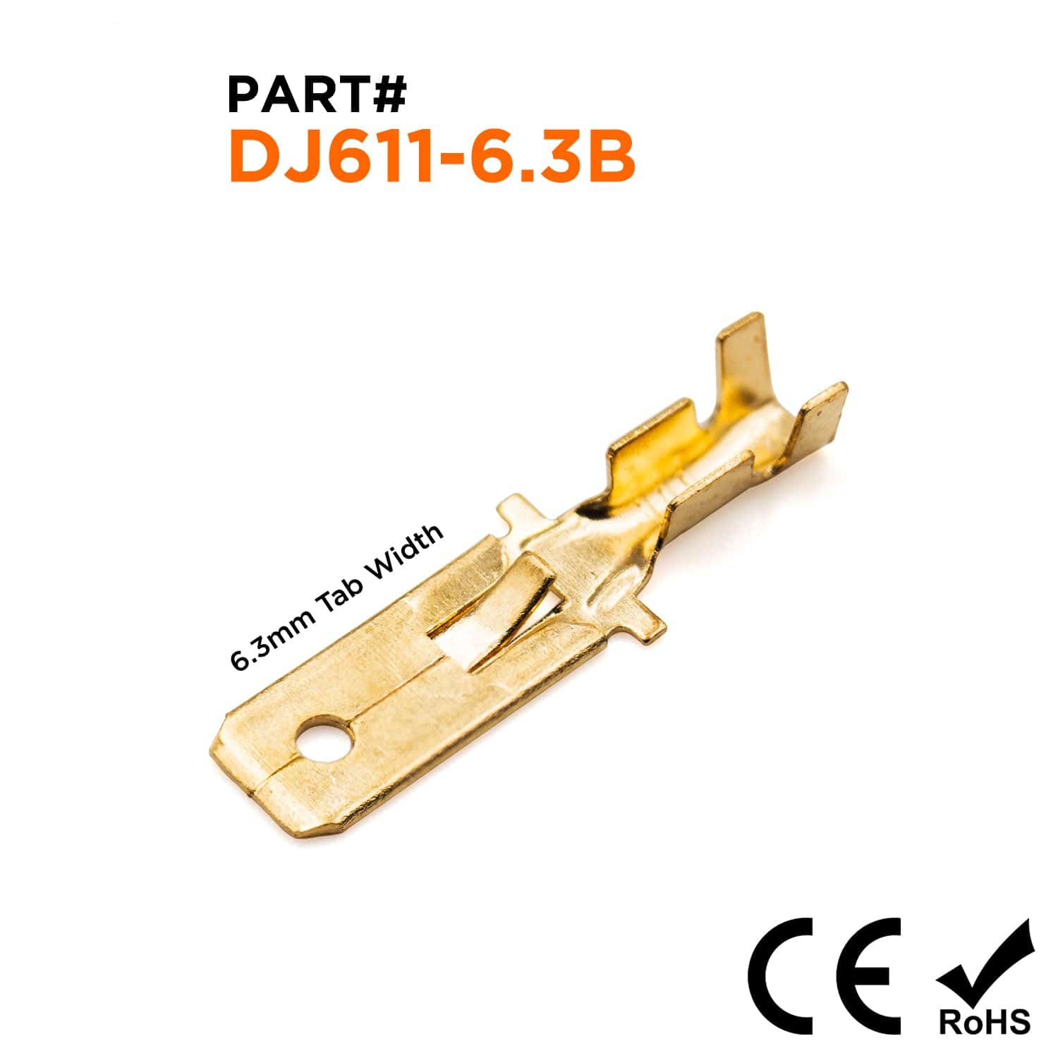 DJ611-6.3B - 18 to 16 AWG Quick Disconnects, Male, Lock Tab, NEMA Tab: 6.3, Brass, Open Barrel, 100 Pieces