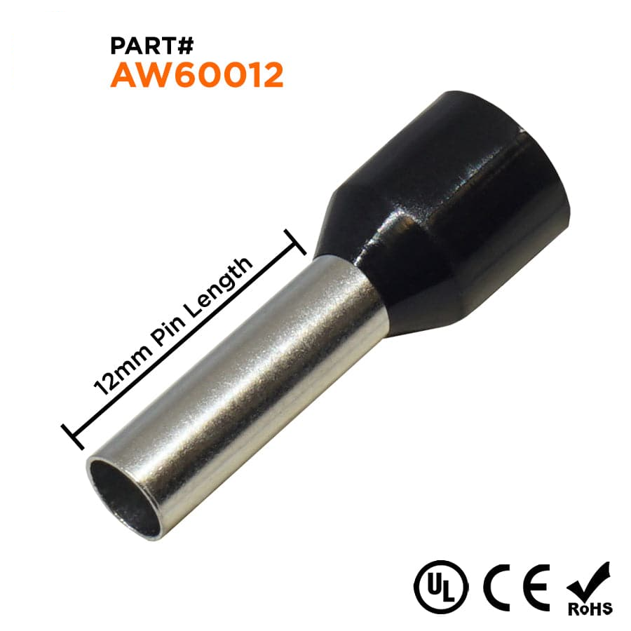 AW60012 - 10 AWG Insulated Wire Ferrules, 12mm Pin, Black, UL Recognized, 100 Pieces