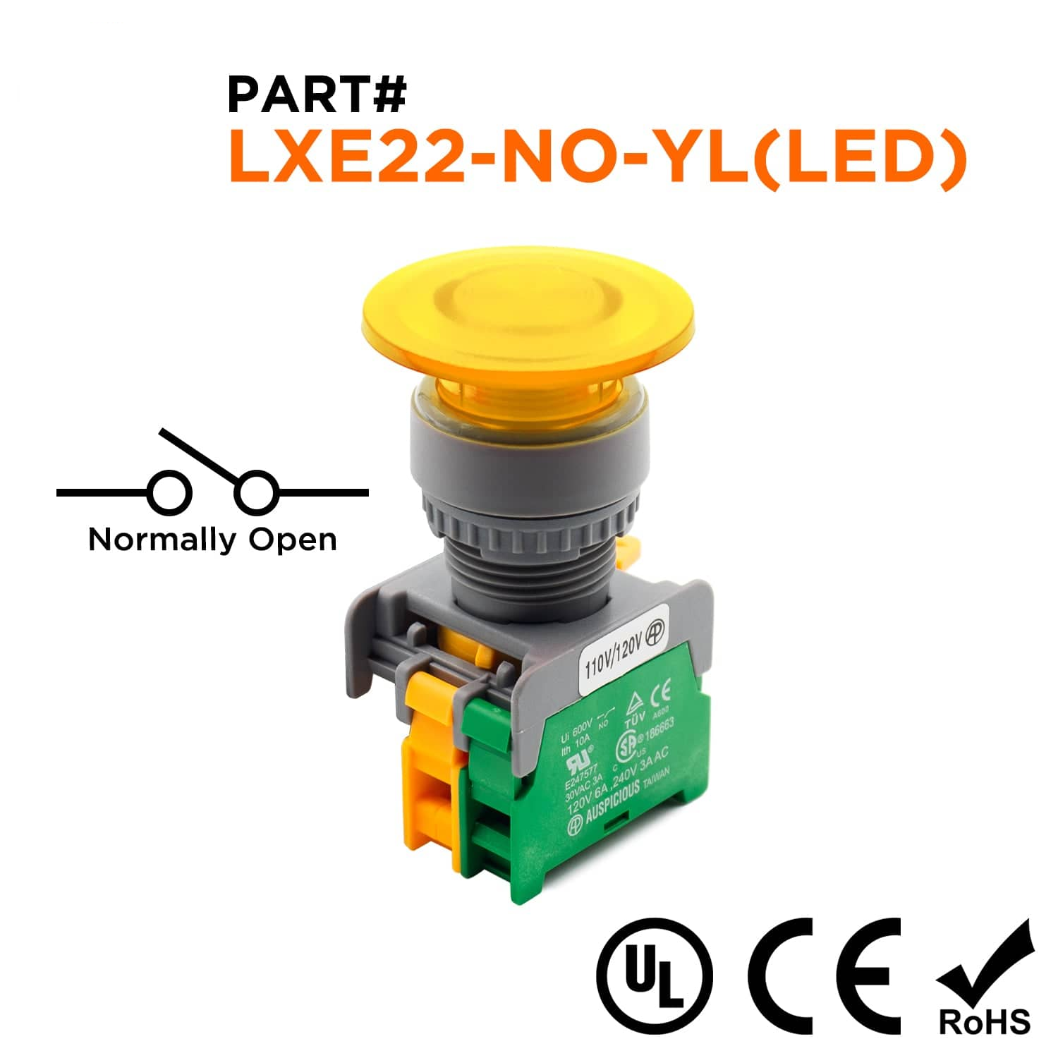 LXE22-NO-YL(LED) - 22mm Illuminated Mushroom Head Push Button, LED,(NO), Yellow, 1 Piece