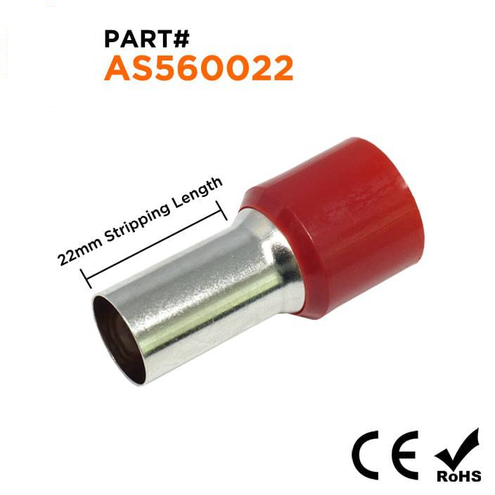 AS560022 - 0 & 1/0 AWG Single Insulated Punteras, 22mm Pin, Rojo, 25 piezas