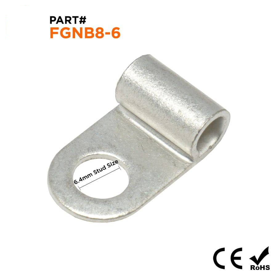 FGNB8-6 - 8 AWG Sin aislamiento Flag Terminales de anillo, Ring Tongue, 1/4" Orificio, 25 piezas