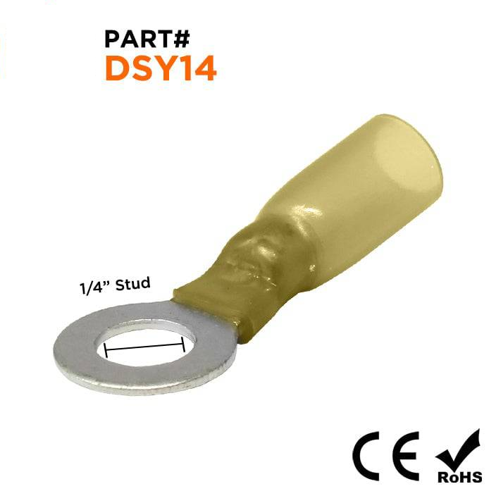 DSY14 - 12 a 10 AWG Termorretráctiles Terminales de anillo, 1/4" Orificio, Polyolefin, 25 piezas