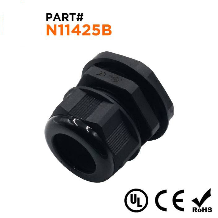 N11425B - 1 1/4" NPT Rosca De nailon Prensaestopas, Negro, Rango: 11/16" a 1", UL Listed, IP68, IP69K - 1 pieza