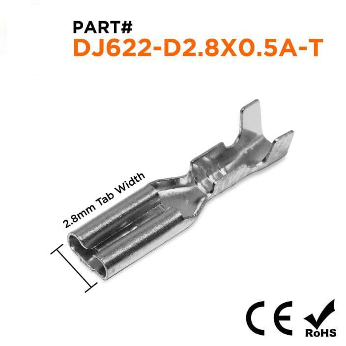 DJ622-D2.8X0.5A-T - 22 to 16 AWG Tin Plated Female Open Barrel Quick Disconnects, 100 Pieces