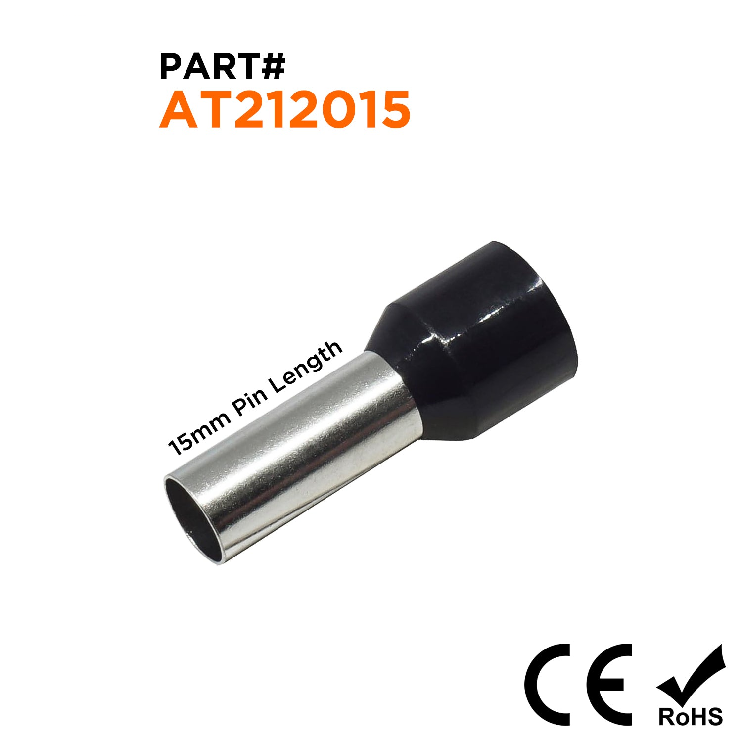 AT212015 - 4 AWG (Small Diameter) Insulated Wire Ferrules, 15mm Pin, Black, 100 Pieces