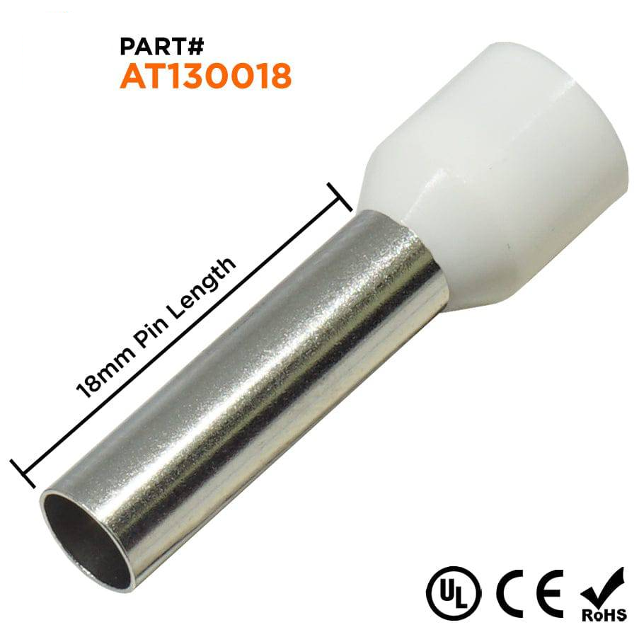 AT130018 - 6 AWG (Small Diameter) Insulated Punteras, 18mm Pin, Blanco, 100 piezas