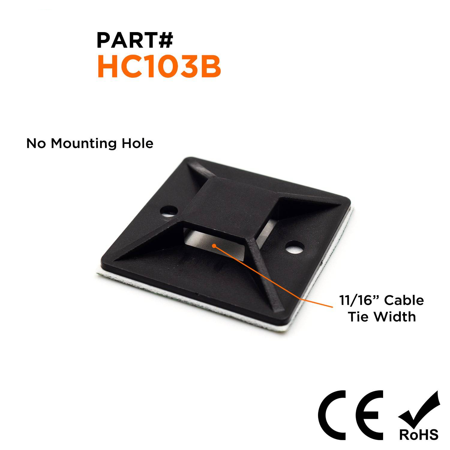 HC103B - Self-Adhesive Tie Mount - 40 x 40 x 12.5mm - Black - With Mounting Hole