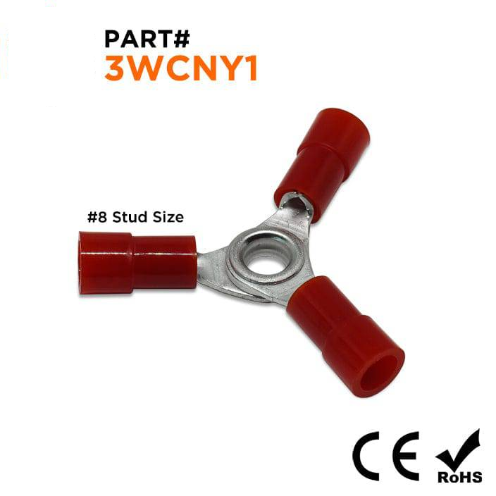3WCNY1 - 22 to 16 AWG 3-Way Nylon Insulated Ring Terminals, #8 Stud, UL Recognized, 10 Pieces
